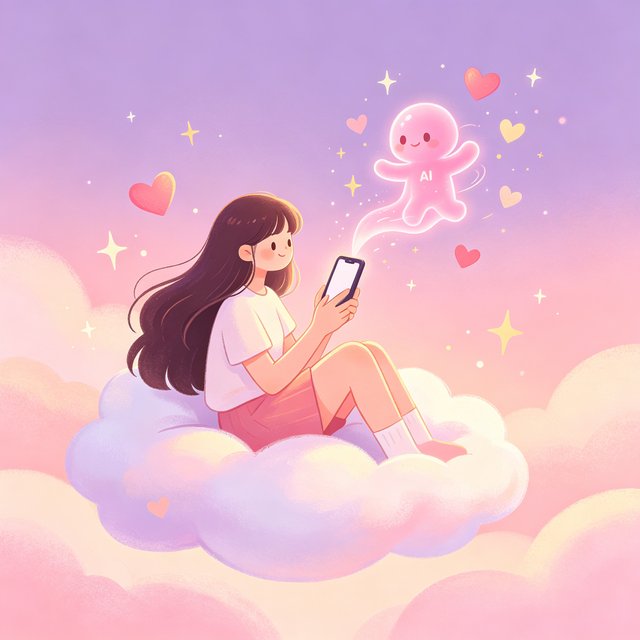 产品介绍插画，女孩坐在云朵上通过手机与粉色 AI 小精灵聊天，爱心星光环绕