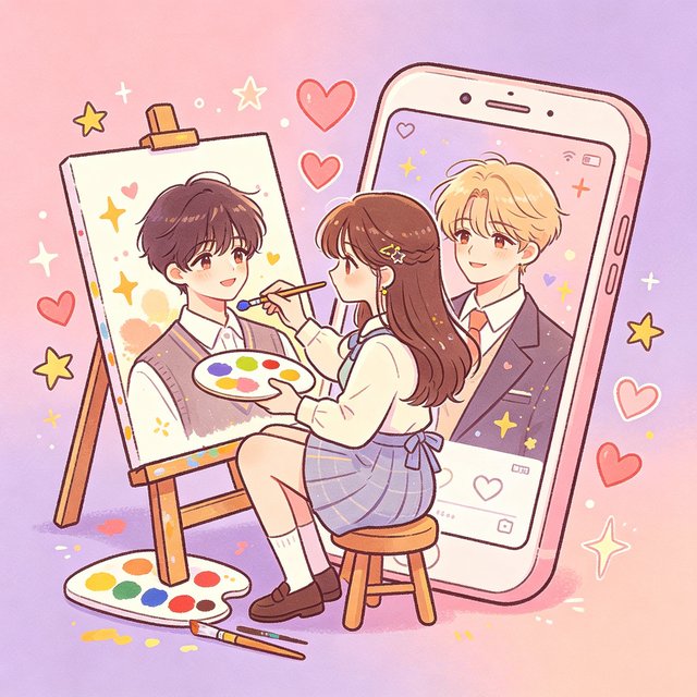 人设定制插画，少女在画架前绘制专属的虚拟恋人形象，爱心星星环绕